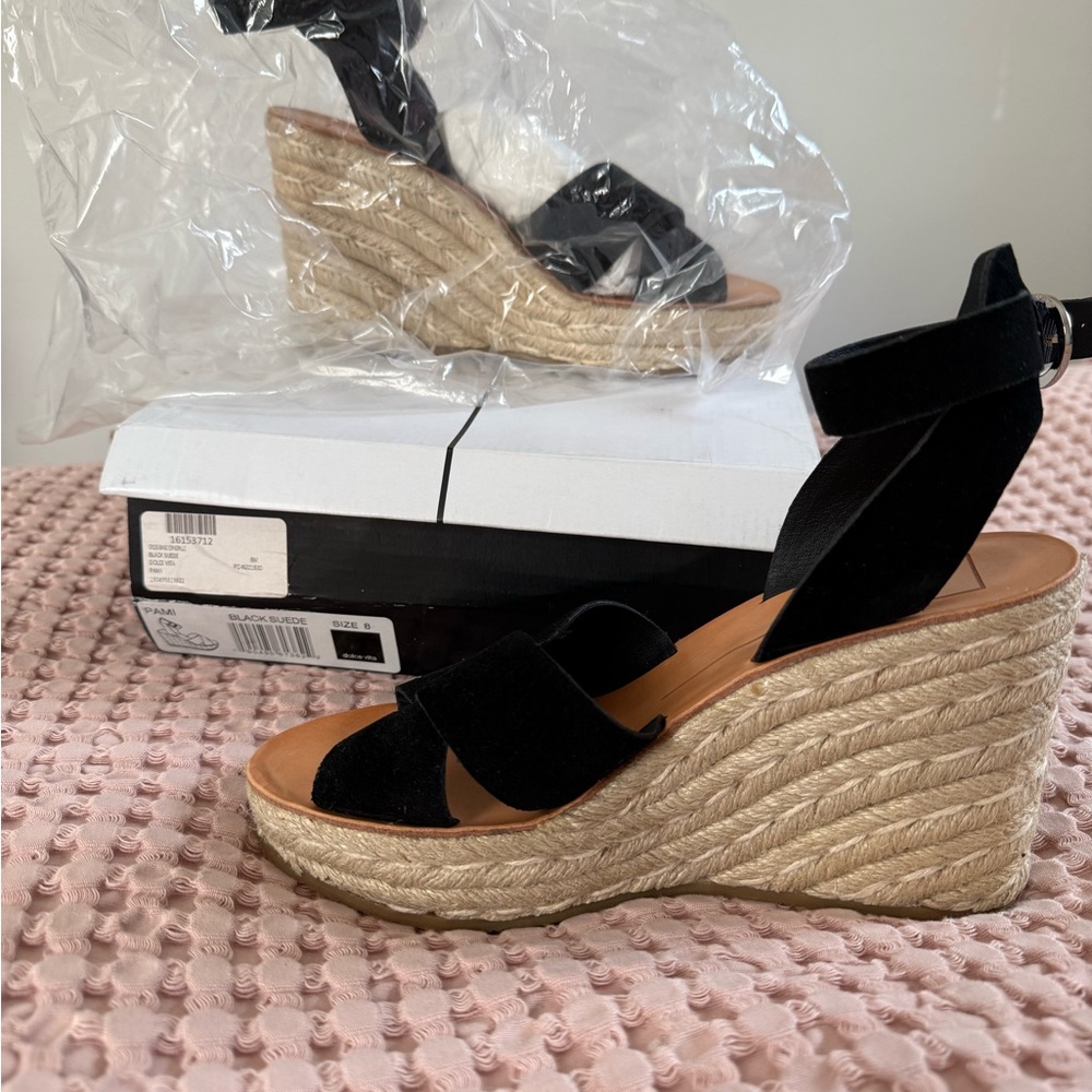 Brand New Dolce Vita Pami Black Suede Wedge Espadrilles | Size 8